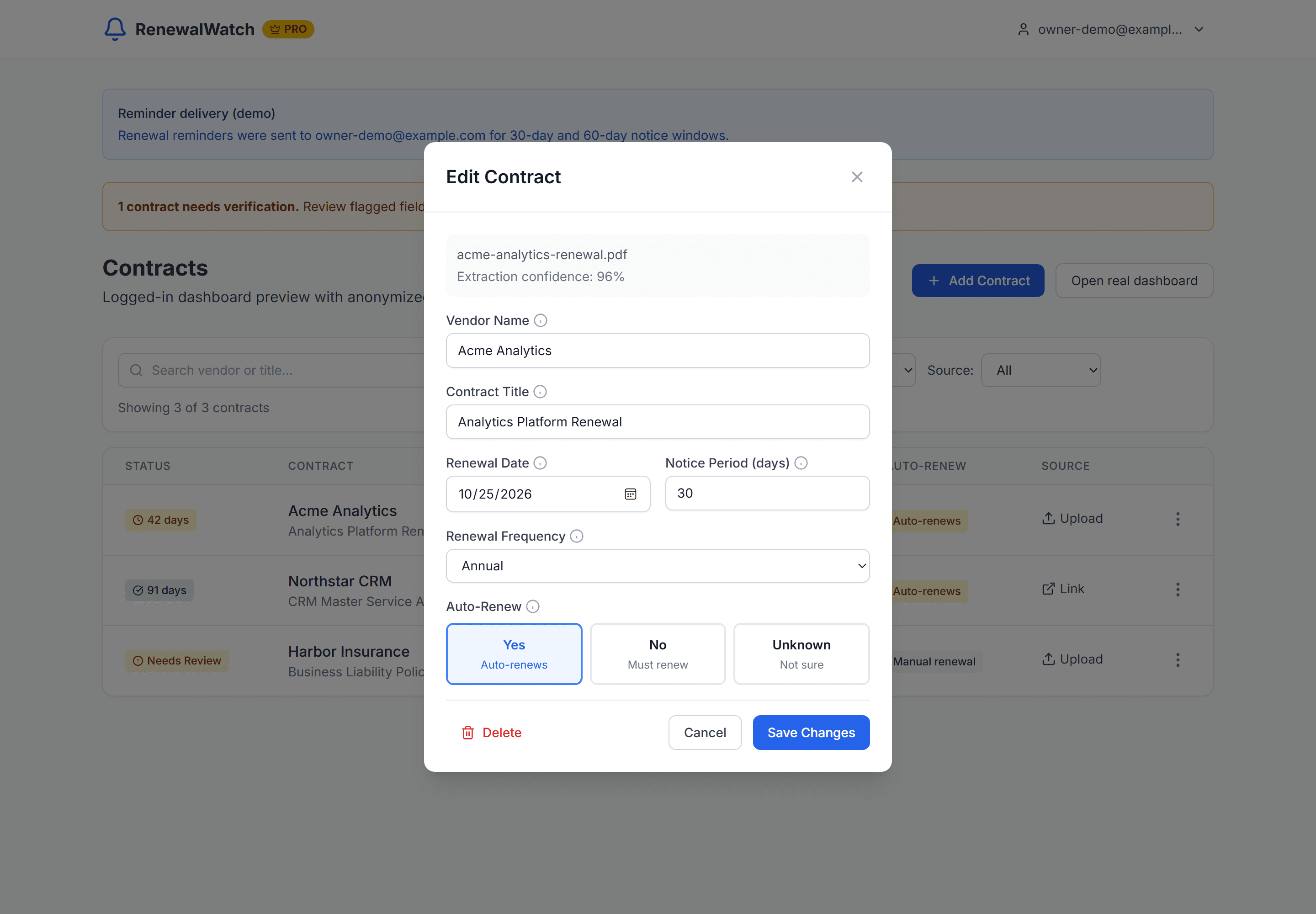 RenewalWatch contract editor showing extracted vendor, renewal date, notice period, frequency, and auto-renew terms
